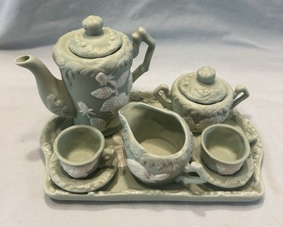 Vintage Miniature Green Bisque Tea Set With Victorian White Rose Pattern