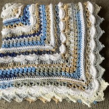 Handmadebyavril - Crochet Baby Blanket - Blue/Grey/Beige Mix White