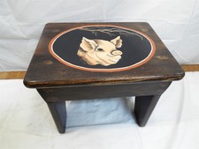 Folk Art Tole Painted Wood Foot Stool Piglet Pig Signed Bench Farm Country Decor
