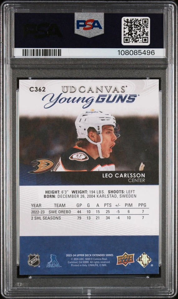 Leo Carlsson Signed 2023-24 Upper Deck Young Guns Canvas #C362 PSA 9/10 POP 3 - Image 2 of 3