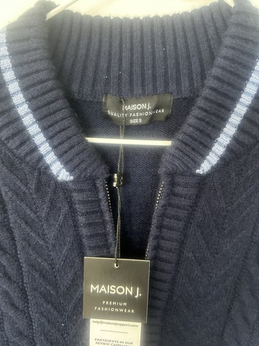 Maison J. nuova con etichetta Maglione cardigan blu e bianco stile Varsity con zip e zip S - Foto 6 di 7