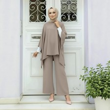 Soild Color Women Muslim Cape Blouse Pants Sets 2 Piece Casual Outfits Suit Arab