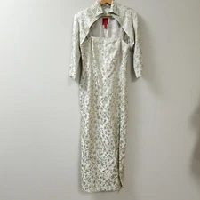 JS Collections Gold/Beige Beaded Leaf Sheath Dress & Jacket Set Womens Sz 6