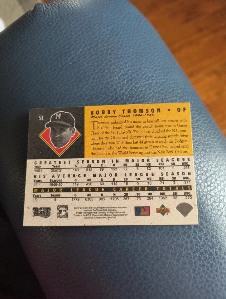 BOBBY THOMSON 1994 UPPER DECK ALL TIME HEROES M.L. CAREER #51 FREE SHIPPING - Image 2 of 2