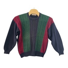 John Ashford Mens Vintage Cable Knit Colorblock Sweater Navy Green Red Cotton L