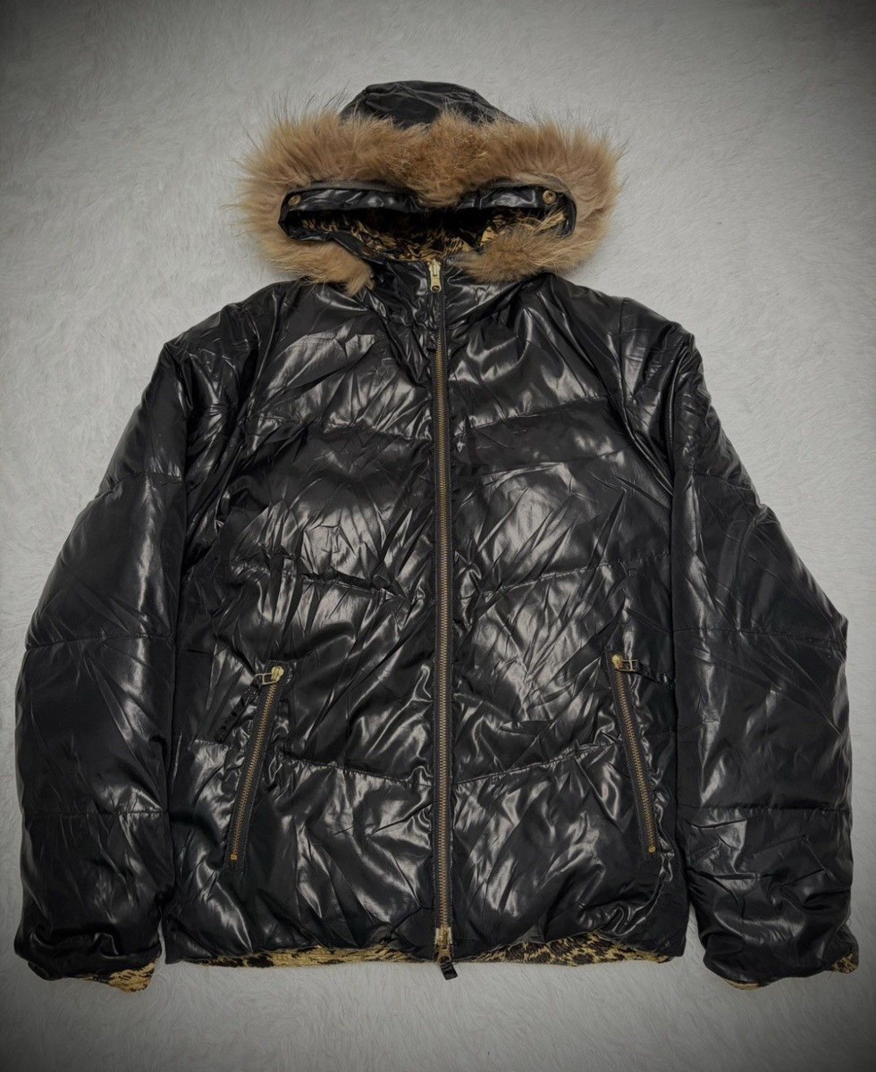 BUFFALO BOBS Reversible Hooded Puffer Jacket Fur Trim Animal Print