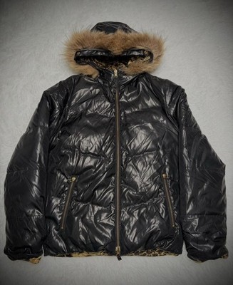 BUFFALO BOBS Reversible Hooded Puffer Jacket Fur Trim Animal Print