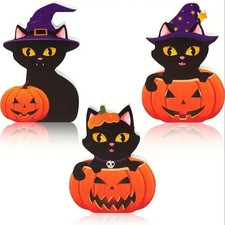 Black Cat Wooden Halloween Decorations 3 Piece Set Tabletop Decor 4.3"