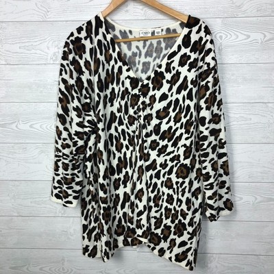 Cato Women's 26W/28W Animal Print V Neck Pullover Sweater 3/4 Sleeve Brown White
