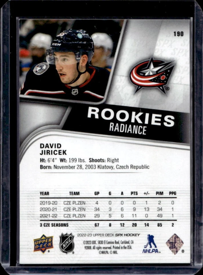 2022-23 SPx David Jiricek Radiance Rookie RC #94/100 Blue Jackets - Image 2 of 2