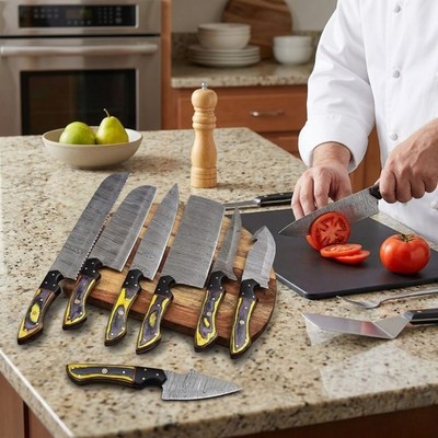 USA Prime Finds Damascus Steel Cleaver Chef Bread Chef Knife Set 7pc Hand Forged