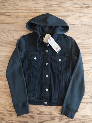 NWT Levis Original Hybrid Denim BLACK Hoodie Classic Trucker Jacket Womens Sz M