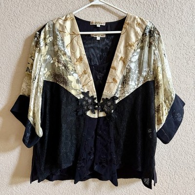 VTG Spencer Alexis Top Womens L Black Gold Floral Kimono Fairy Ethereal Y2K 90s