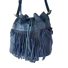 Johnny Was Leather Bucket Bag Womens Small Blue Fringe Boho Crossbody Italy Made