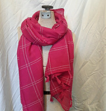 Pink Soft Cotton Scarf Wrap / Shawl 36x72 White Embroidered Grid Tassels