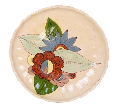 Antique Mexican Tonala Tlaquepaque Ceramic Platter Hand Painted Botanical 12.5 - Image 1 of 4