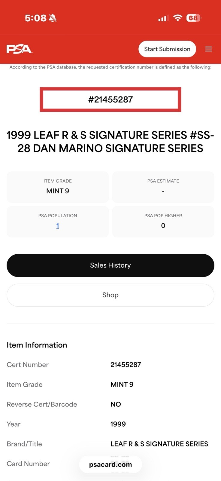 1999 Leaf R & S Dan Marino Auto | PSA Mint 9 | On Card Autograph | #’d 047/150 view 5