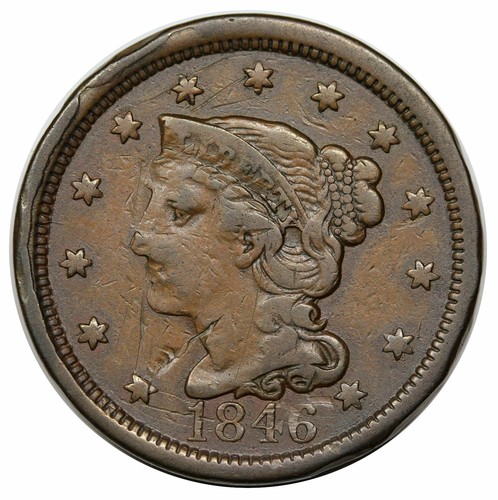 1846 Braided Hair Large Cent, Tall Date, N-12, very rare TDS (j), obverse cuds