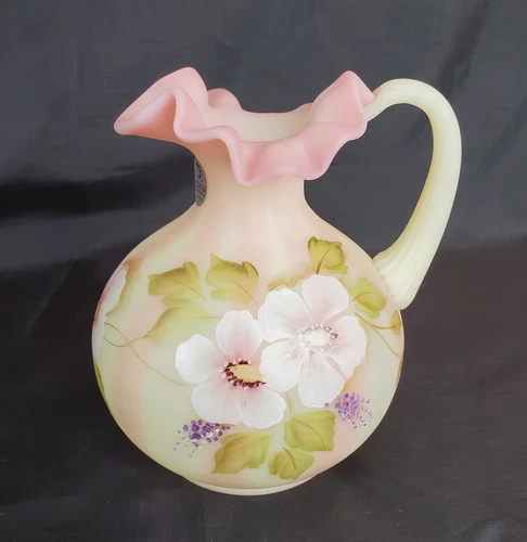 Fenton Burmese Uranium Art Glass Pitcher w/Painted Poppies Honoring Bill Fenton