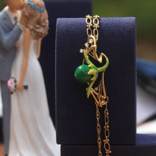 Collier Ras du Cou Bijoux Cheveux Fleur Email Vert Perle Jade Art Nouveau XZ16 - Foto 6 di 7