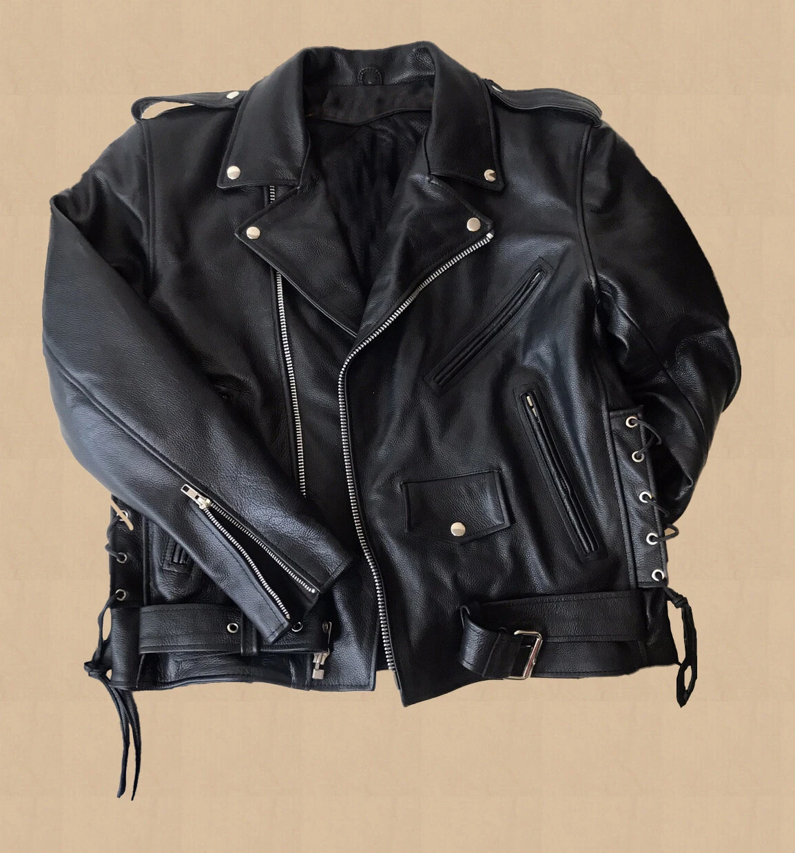 Mens Black Leather Motorcycle Jacket Premium Classic Side Lace Zip Out Lining