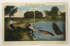 Exaggeration Postcard The Fishing Is Great - Catching Oversized Fish vtg 1934 CC