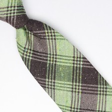 John G Hardy Mens Slub Silk Necktie Green Gray Plaid Check Weave Woven Tie Italy