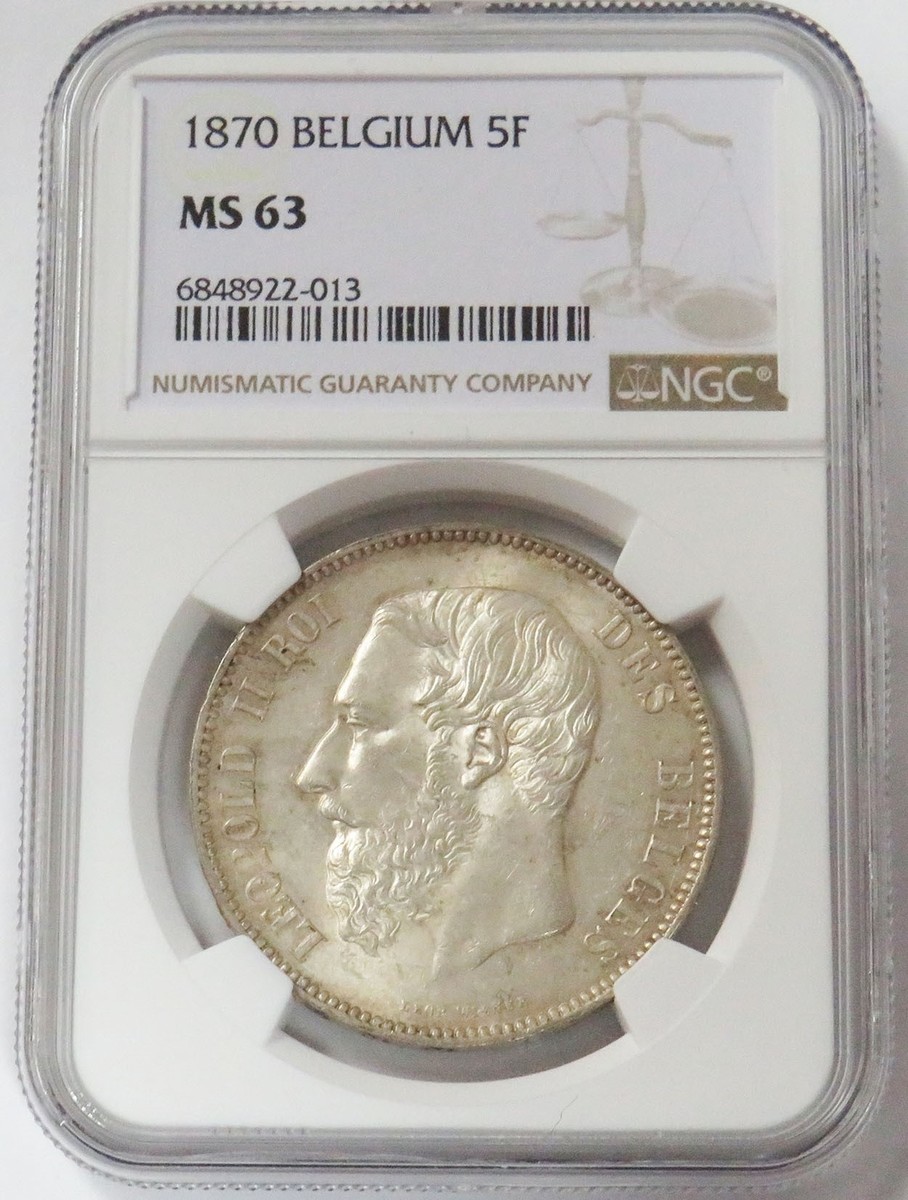 1870 SILVER BELGIUM 5 FRANCS LEOPOLD II SMALL HEAD COIN NGC MS 63