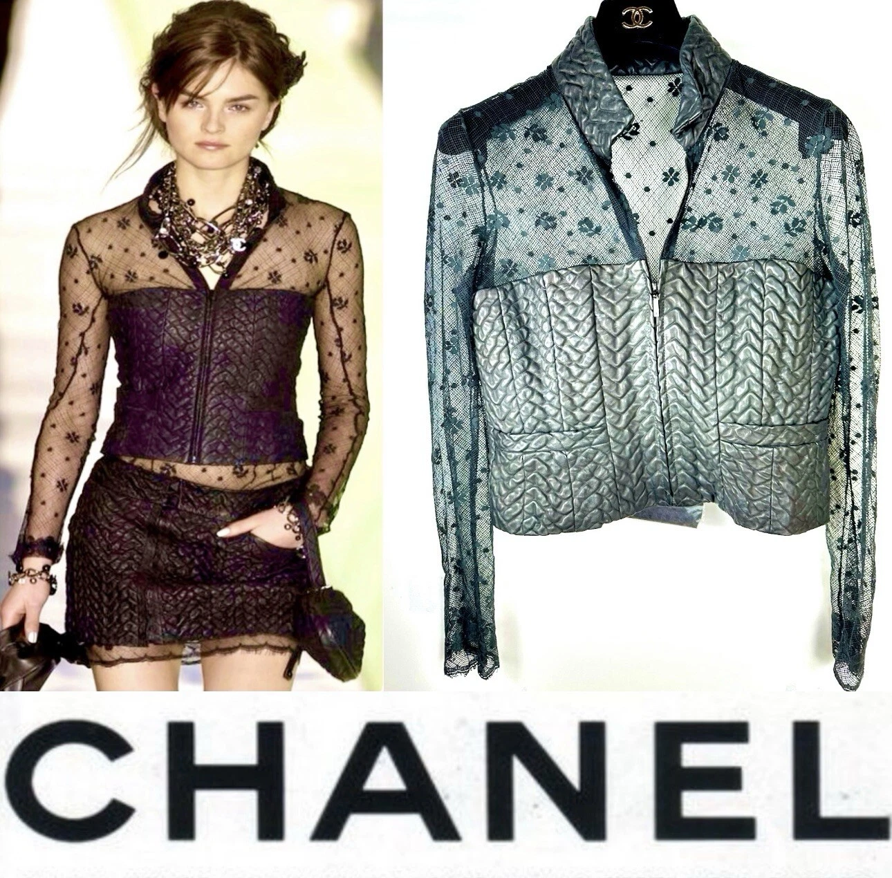 5k Nuovo Tag Chanel 2003 Pelle Pizzo Cappotto Giacca Top Camicia Nero 36 38 40 4 6 8 M