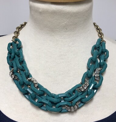 J Crew Necklace Teal Plastic Rhinestone Goldtone Metal Chain Link