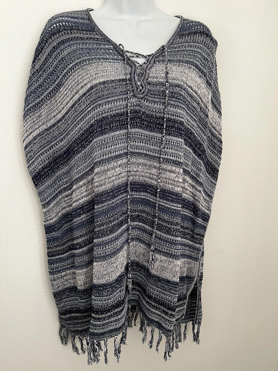 Tommy Bahama Poncho Sweater Women s One Size Blue Stripe Knit Pullover Fringe