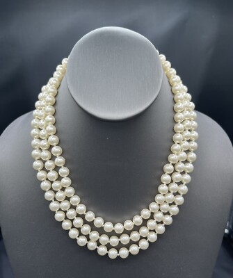 R J Graziano Triple Strand Faux Pearl Necklace, Rhinestone Silver