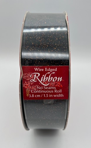 New Wire Edged Ribbon Halloween Fall Black w Orange Sparkles 50yd 1 hlf inc wide - 第 1/5 張圖片
