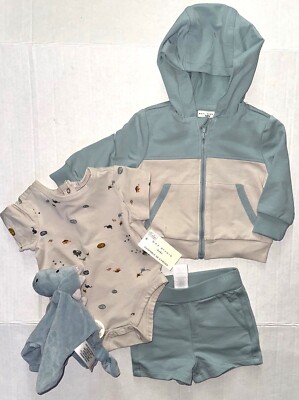 MAX STUDIO BABY 4 piece set tan/olive (grn) DINOSOUR motif size 0-3 months