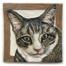 Shorthair Tabby Cat Ceramic portrait 3d tile Handmade Sondra Alexander Art