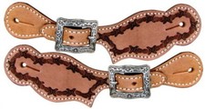 New Youth sized Medium oiled LEATHER SPUR STRAPS w/ Barbed wire tooling Buckles