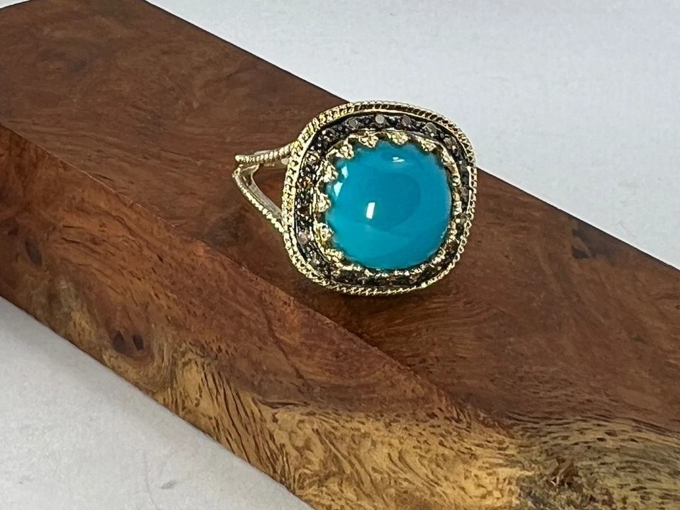 Anillo Halo Diamantes Champagne Turquesa La Bella Durmiente Oro Amarillo 14K Talla 10 Foto 3 de 4