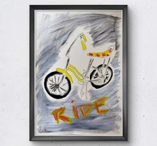 Yellow Banana Bike Vintage Retro ~ Original Acrylic Painting Drawing 9X12 PAPER