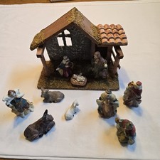 Vintage 11-Piece Ceramic Nativity Set w/ Wooden Manger Stable Hand Painted...