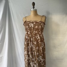 Faithfull The Brand Brown Tie Shoulder Smocked Bodice Suki Floral Dress Size 6