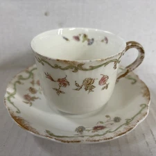 Syracuse China Vitreous O.P.Co Cup & Saucer Set Green Scroll Floral Gold Trim