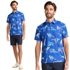 Birdie Bound Men's Short Sleeve Blue Dinosaur Print Golf Polo Shirt - Size XL
