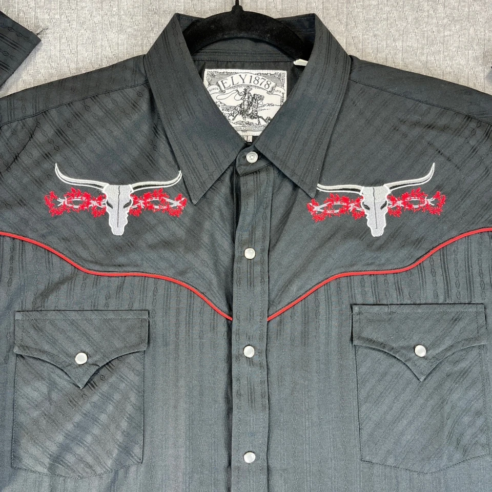 Ely 1878 Black Western Dress Shirt Bull Skull Embroidery Rodeo Rockabilly XL - Image 2 of 4