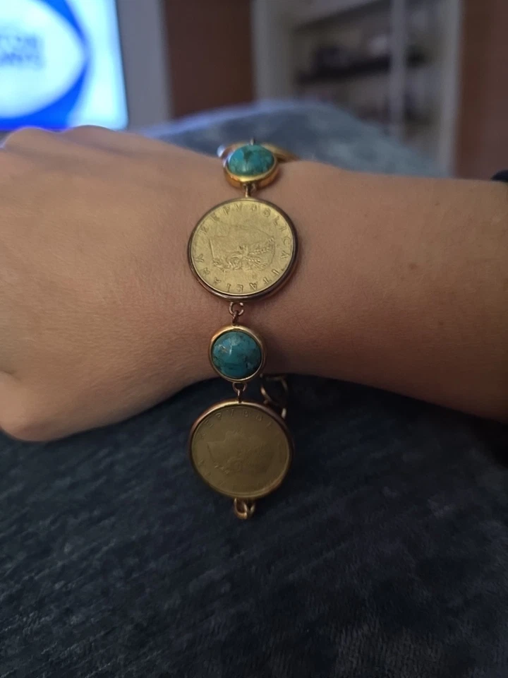 Pulsera BELLEZA LIRA Moneda Turquesa Bronce 7 Estaciones ~ M/L Foto 4 de 4