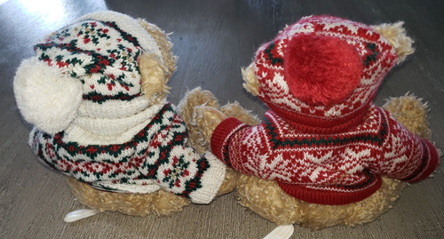 2 stuffed TEDDY BEARS WINTER HATS SWEATERS TAN SEATED HEAVY! SO CUTE! - Picture 2 of 2