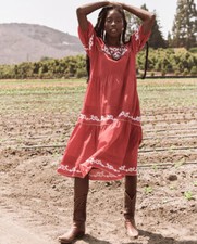 The Great. Heirloom Red Midi Dress Floral Embroidered Pintuck Cotton XS-0 273786