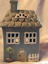 Windlicht Haus handbemalt Steinzeug grau grün  19 cm x 11,5 cm x 8,5 cm Teelicht