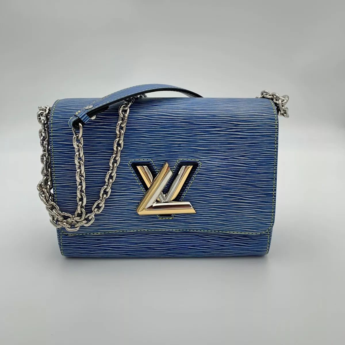 Louis Vuitton Epi LV Twist MM Chain Shoulder Bag Purse Denim Blue