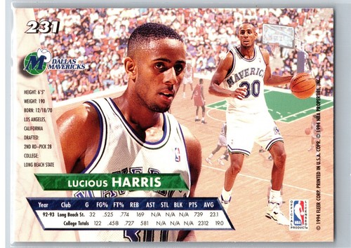 1993-94 Fleer Ultra Lucious Harris Dallas Mavericks Rookie #231 NBA - Picture 2 of 2