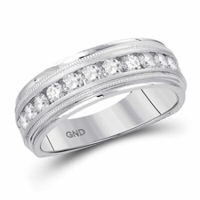 10k White Gold Mens Round Channel-set Diamond Milgrain Edge Wedding Band Ring